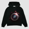 Black hoodie with Captain America 2025 hand-printed shield.