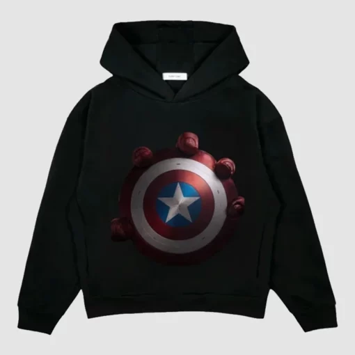 Black hoodie with Captain America 2025 hand-printed shield.