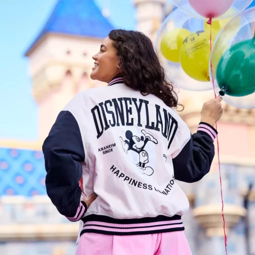 Unisex pink varsity jacket with Mickey Mouse designj.