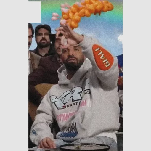 Grey hoodie with Hot Moms slogan, worn by Drake.