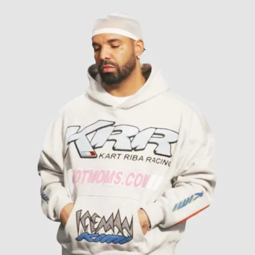 Drake KRR grey hoodie with bold Hot Moms racing graphic.