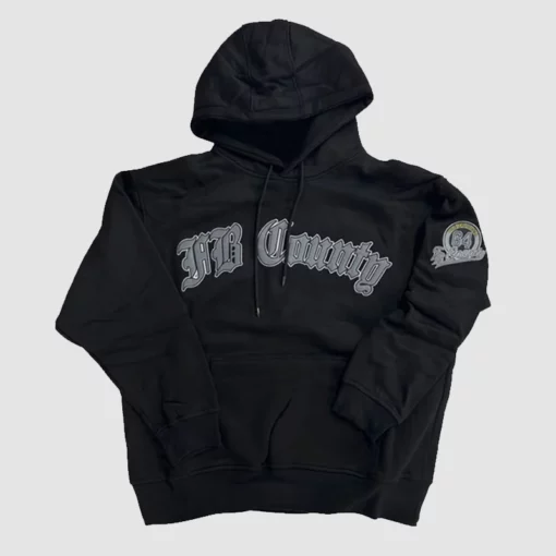 FB County black old school hoodie with bold logo.
