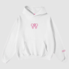 White oversized hoodie with Glow House logo.