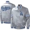 Gray satin Dodgers jacket by Starter with full-snap front.