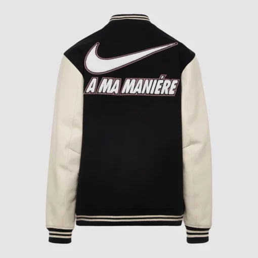 Black and white premium varsity jacket with Ma Maniére x Nike logo at the back