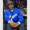 Satin varsity jacket styled by Malcolm Washington for Dodgers fans.