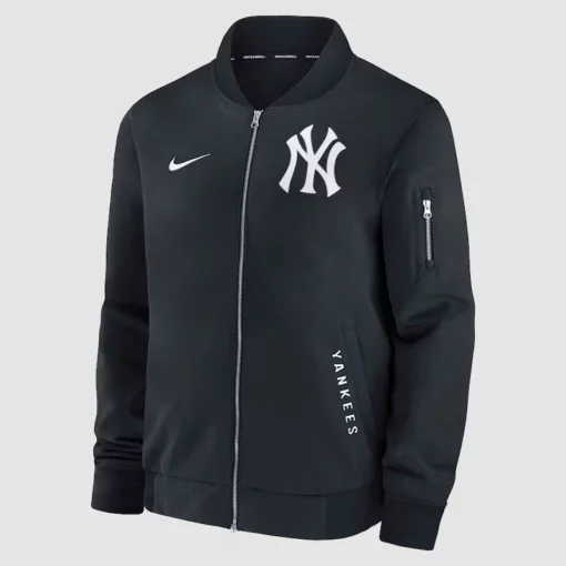 Black New York Yankees bomber jacket for dugout-inspired looks.