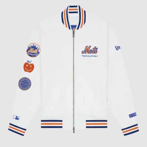 New York or Nowhere varsity jacket in cream/blue.