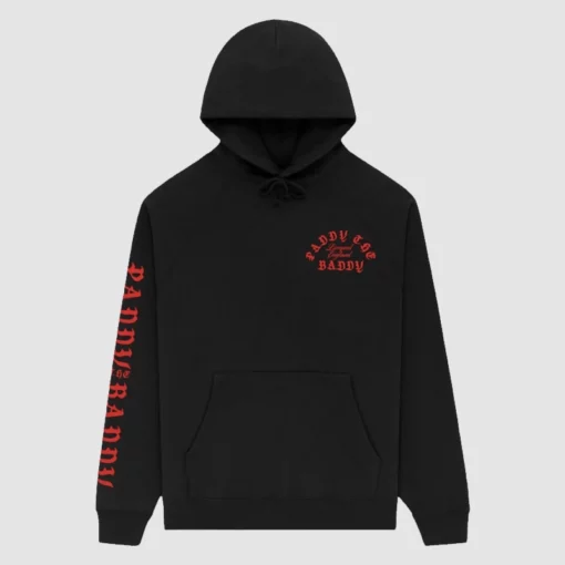 Paddy The Baddy black hoodie with bold front graphic.
