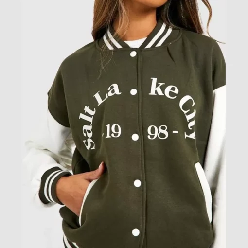 Salt Lake Colour Block Varsity Bomber Jacket Green and White front view.