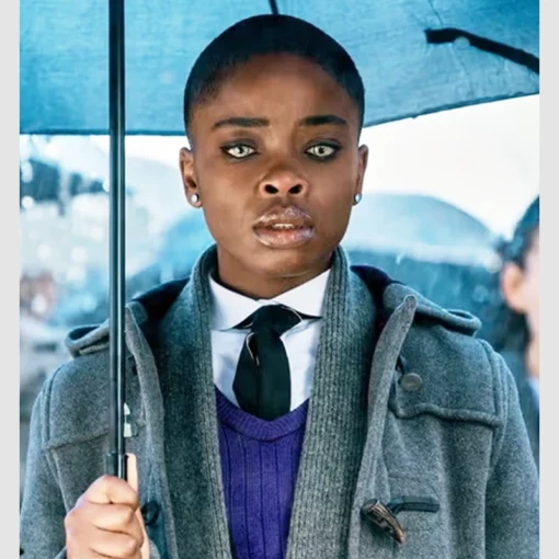 Joy Sunday grey coat in Wednesday S02 as Bianca Barclay