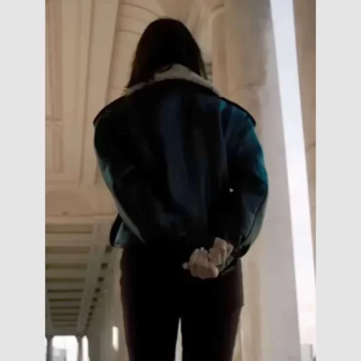 Eiza González black shearling leather jacket in Fountain of Youth