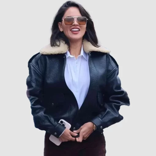 Eiza González shearling-trimmed black jacket in 2025 film