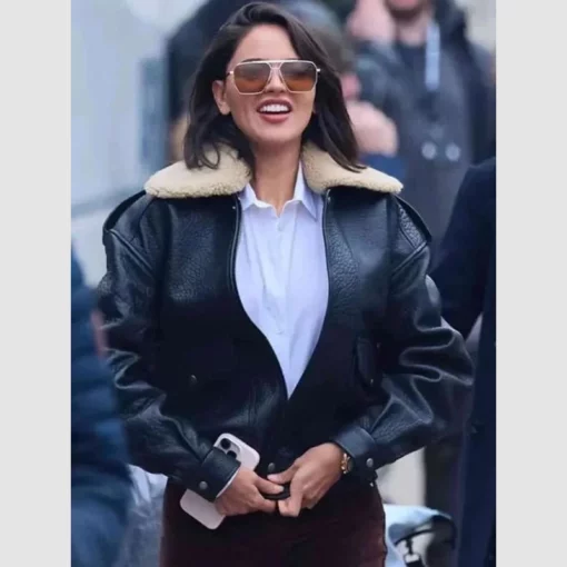 Black leather shearling jacket from Fountain of Youth movie