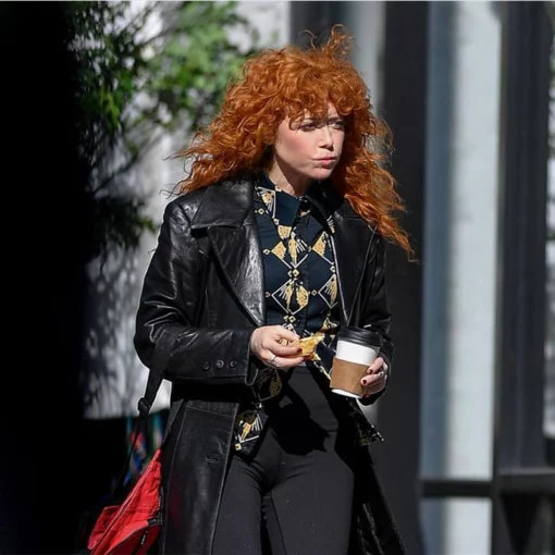 Natasha Lyonne long black leather outerwear in Poker Face