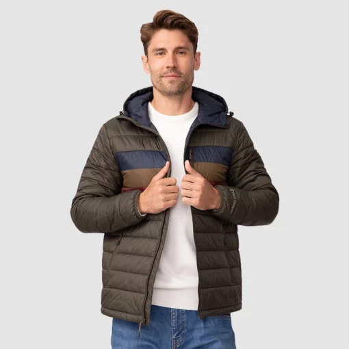 The Four Seasons 2025 puffer jacket with horizontal stripes
