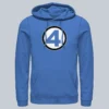 Blue fleece hoodie styled after classic Fantastic Four costume from 2025 movie.