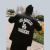 Back of Los Angeles Dodgers black jacket with bold Dodgers lettering