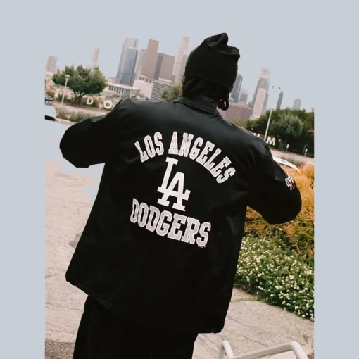 Back of Los Angeles Dodgers black jacket with bold Dodgers lettering