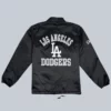 back view of Dodgers black coaches jacket collar and stitched logo detail