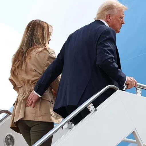 Brown cotton jacket styled after Melania Trump’s 2025 public appearance in Texas.