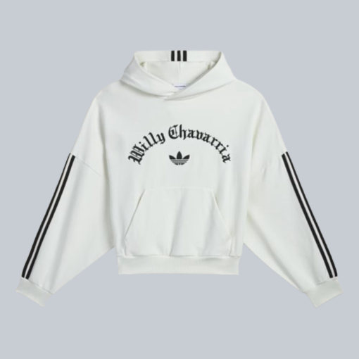 Adidas x Willy Chavarria oversized fleece hoodie in off-white with bold proportions.
